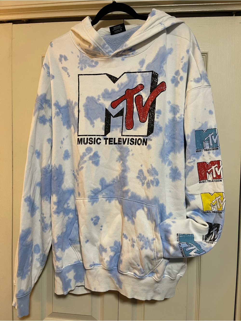 MTV White & Light Blue Tie-Dye Hoodie with Red Logo